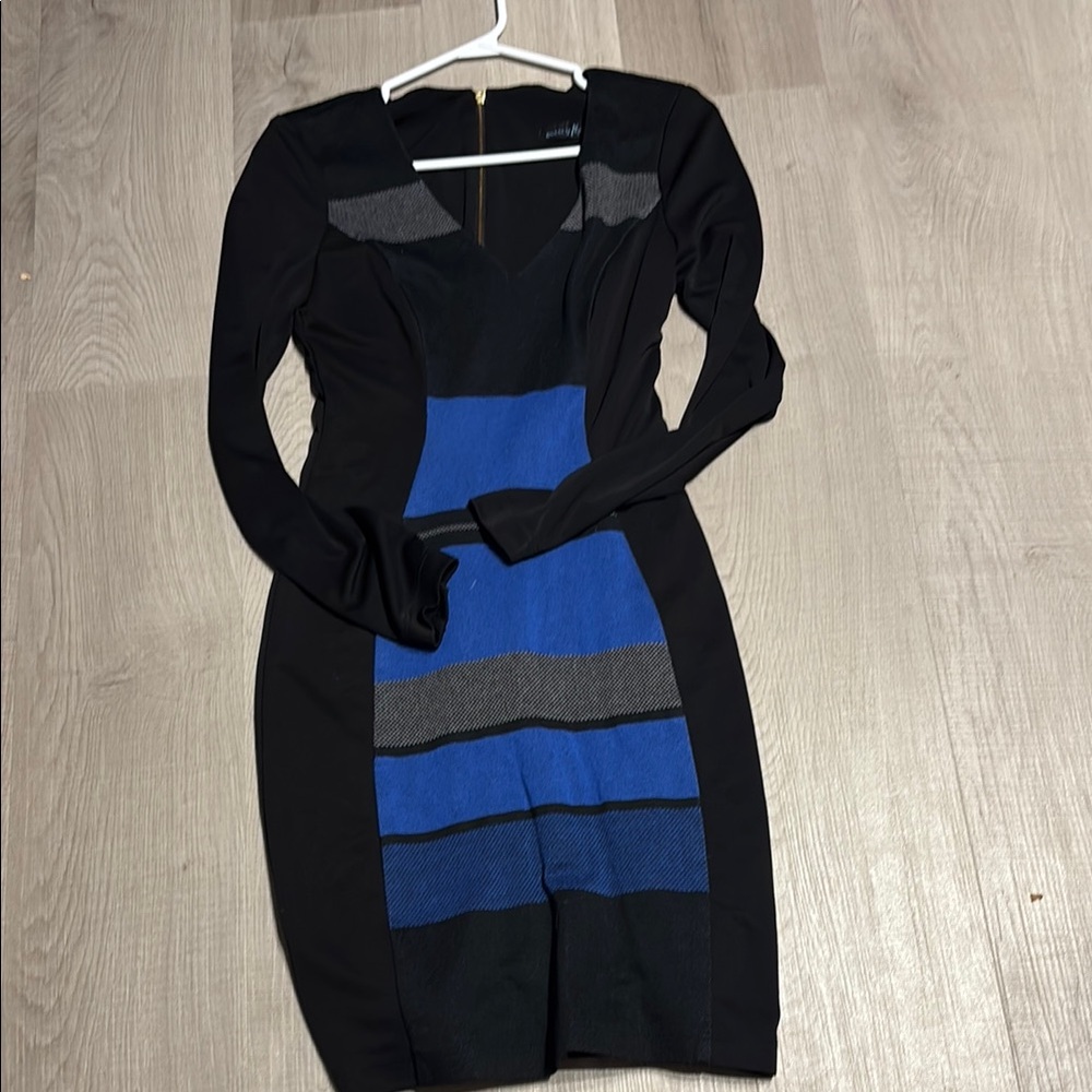 Guess by Marciano Black and Blue Bodycon Dress with Cuffed Sleeves